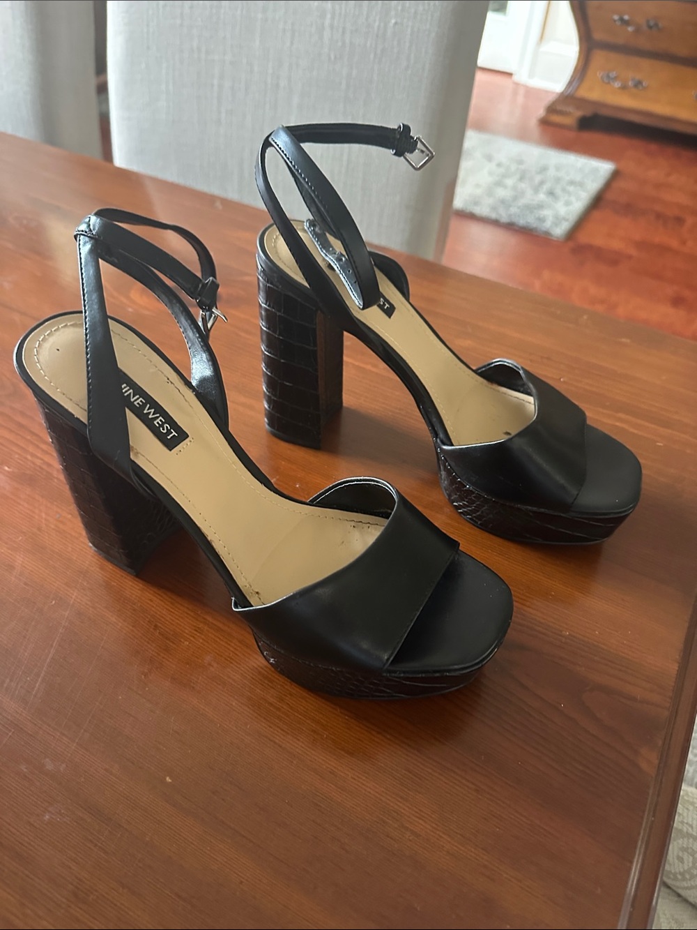 Nine West Black Leather Platform Block Heels with Ankle Strap